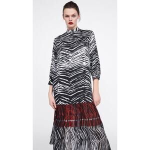 Zara Zebra Print Midi Dress M Black White Red Tiered Mock Neck Long Sleeve